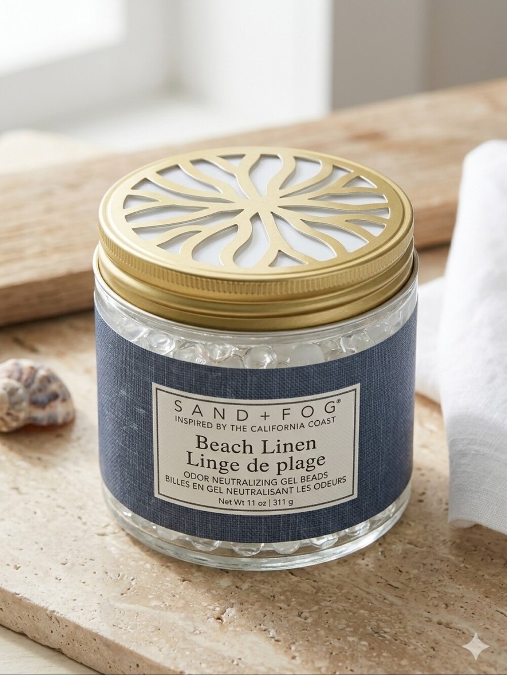 3/$40 Sand + Fog Beach Linen Gel Jar Air Freshener - Gold & White Lid